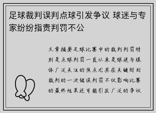 足球裁判误判点球引发争议 球迷与专家纷纷指责判罚不公