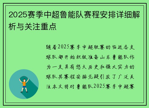 2025赛季中超鲁能队赛程安排详细解析与关注重点